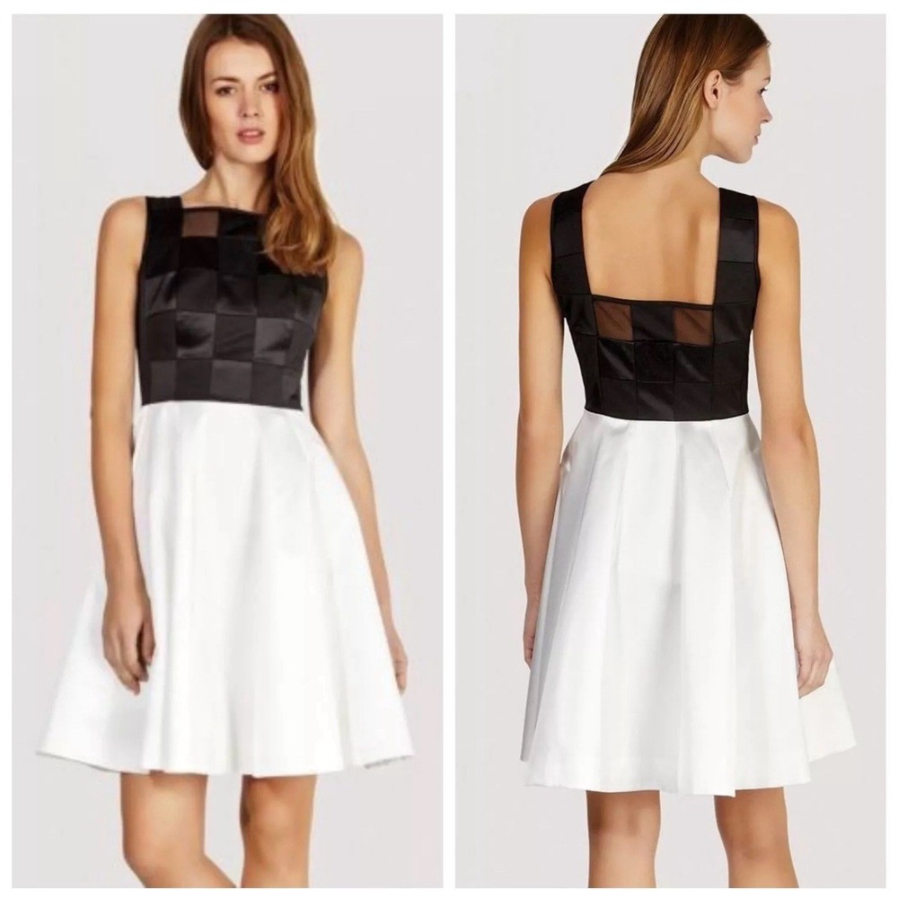 KAREN MILLEN Graphic Pattern Checkered Sateen Dress Black White‎ Sz US 10 NWT